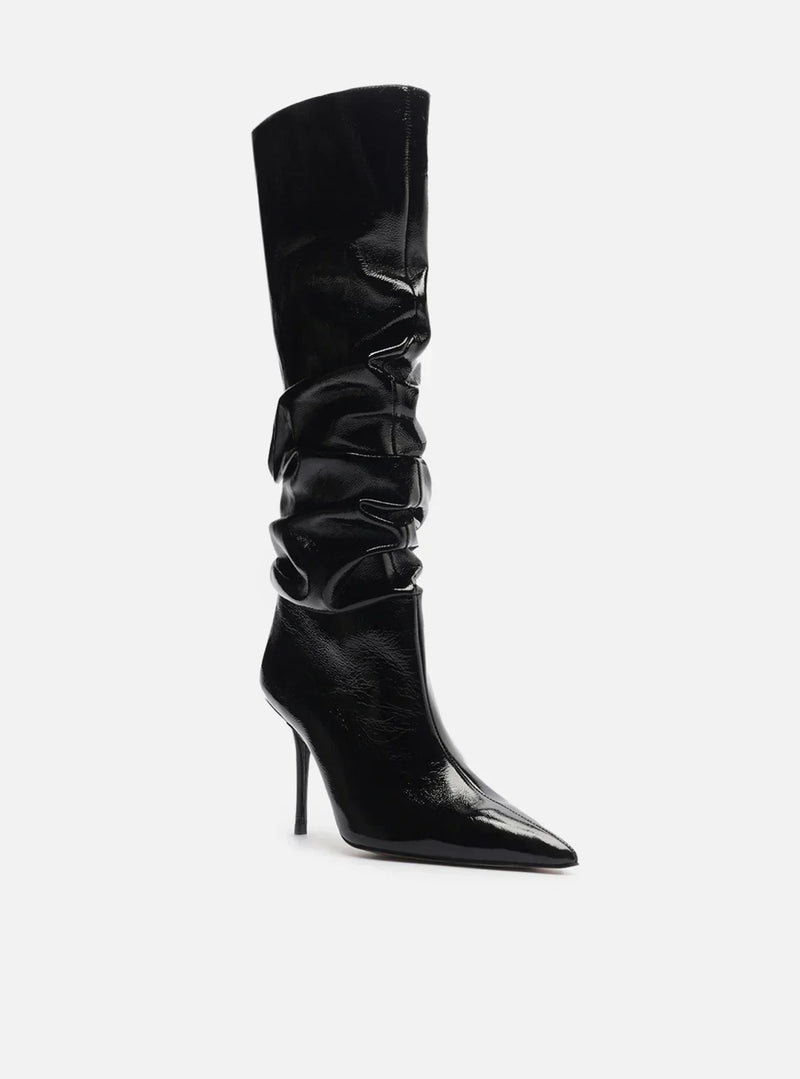 Bota Preta Couro Crinkle Cano Longo Salto Alto Slouch