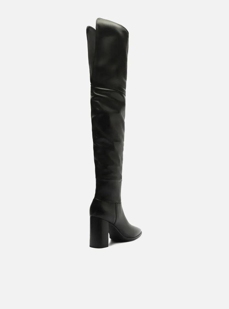 Bota Over The Knee Preta Couro Salto Alto